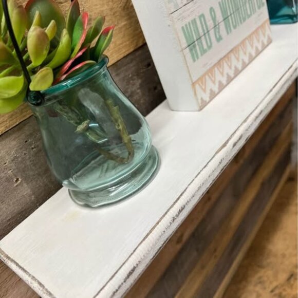 Rustic Off White Wall Shelf with Hooks and Wrought Iron Brackets - Picture 4 of 6